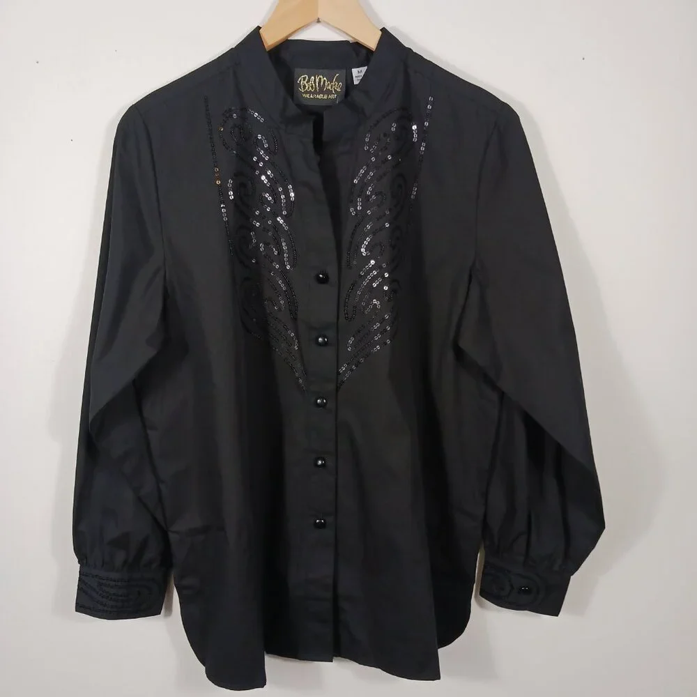 Bob Mackie NWT, Size Med., Black Button Down Shirt W/Sequins, Mandarin Collar - Picture 4 of 14